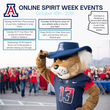 ONLINE SPIRIT WEEK EVENTS October 16-20 Monday Pet Day, Tuesday Share why you chose Arizona Online or Distance, Wednesday Share the people helping you through, Thursday Show off your athletic ability or love for your team, Friday Show your UA spirit with your wildcat gear